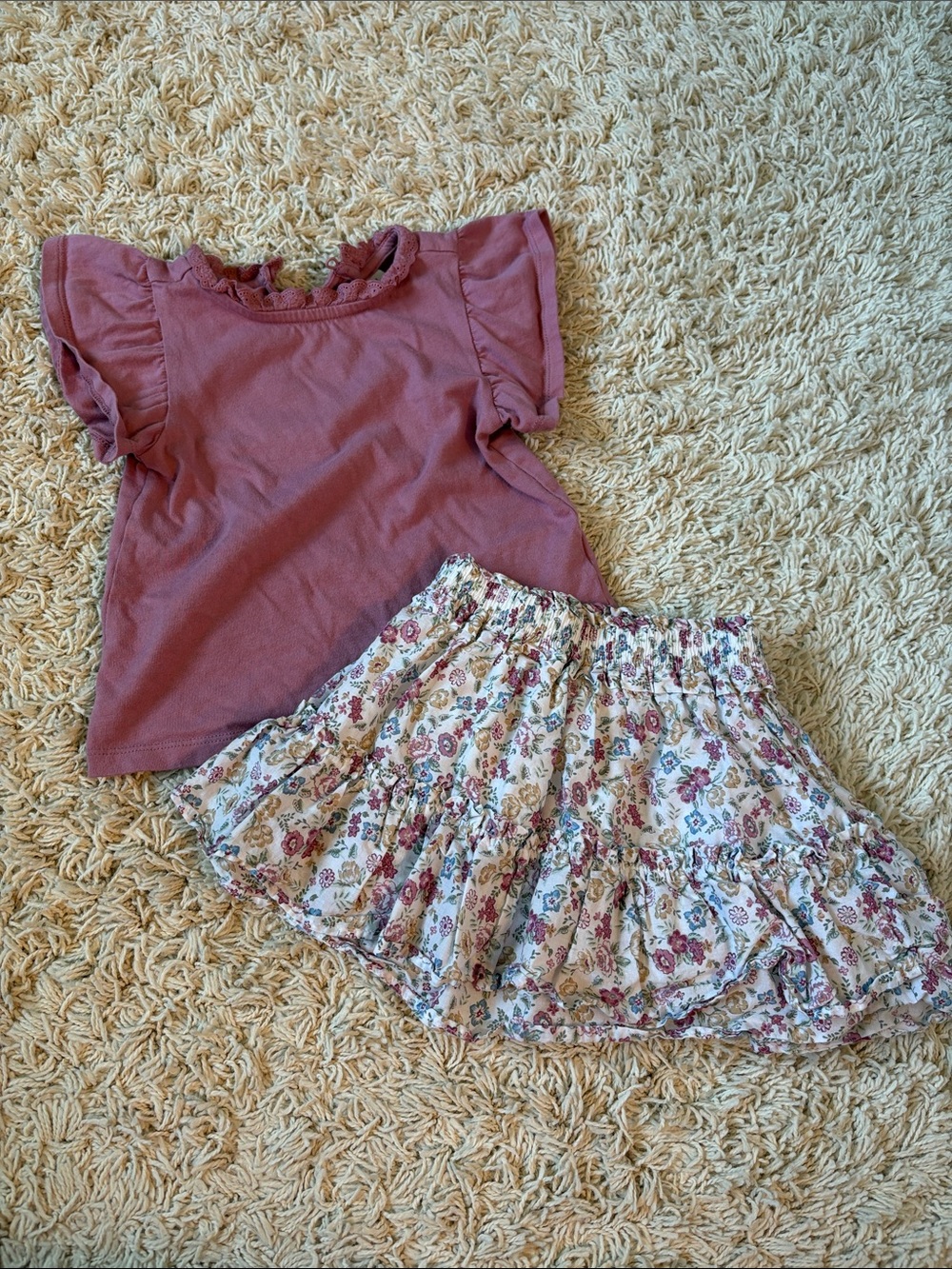 Janie and Jack Pink Top with Floral Cream Skirt